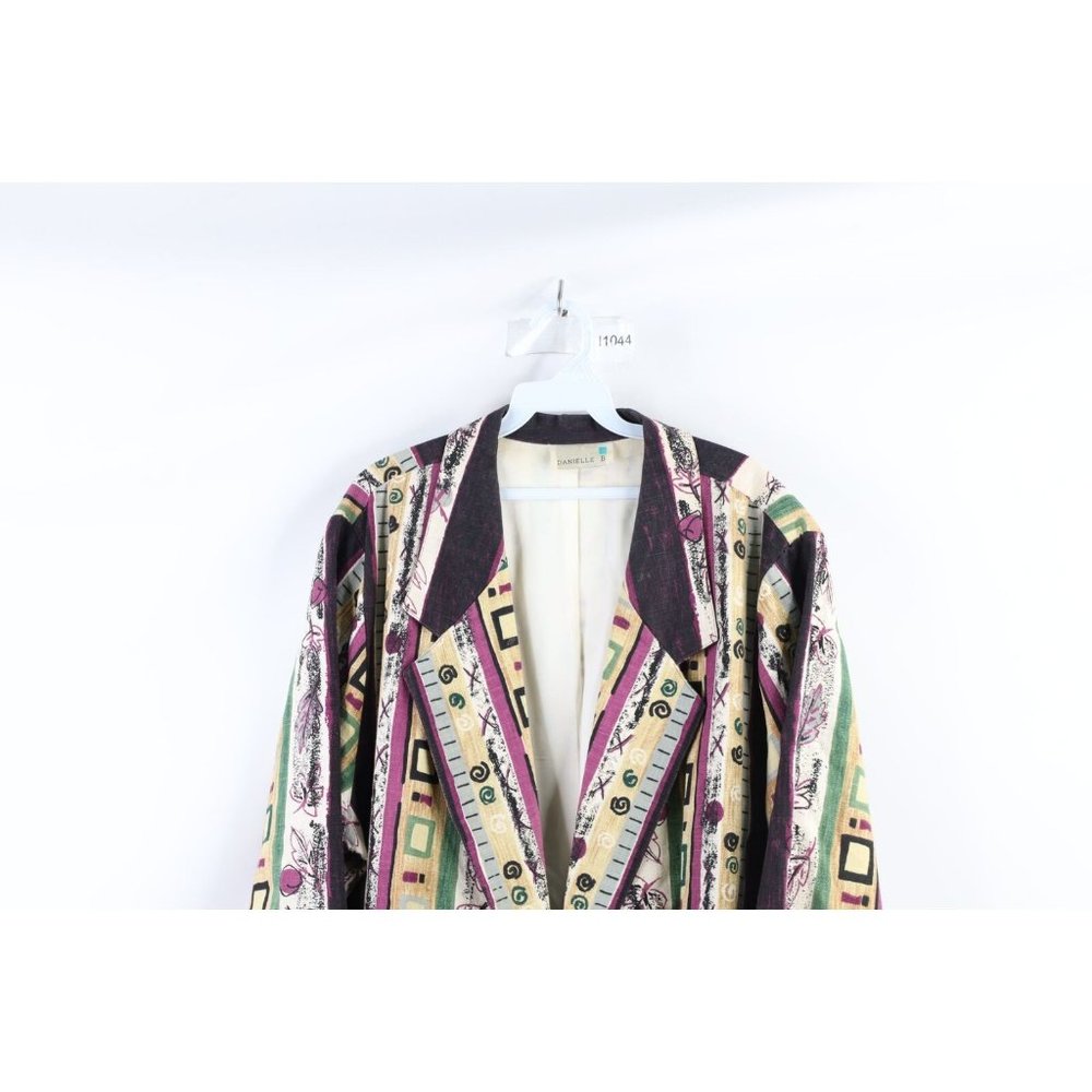 Vintage 90s Lagenlook 2XL Flax Linen Blend Abstract Button Blazer Jacket USA - Picture 2 of 9